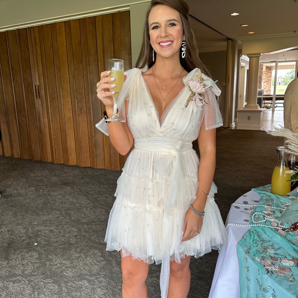 Pearl Accented Layered Mesh Dress White THESETHREEBOUTIQUE